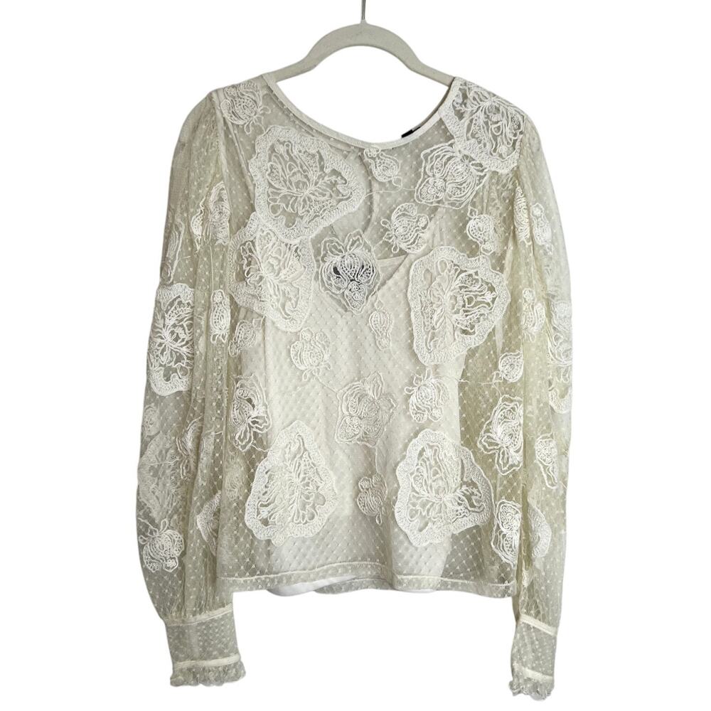 Express Womens Sheer Lace Blouse with Cami Size Medium Ivory Mesh Long Sleeve